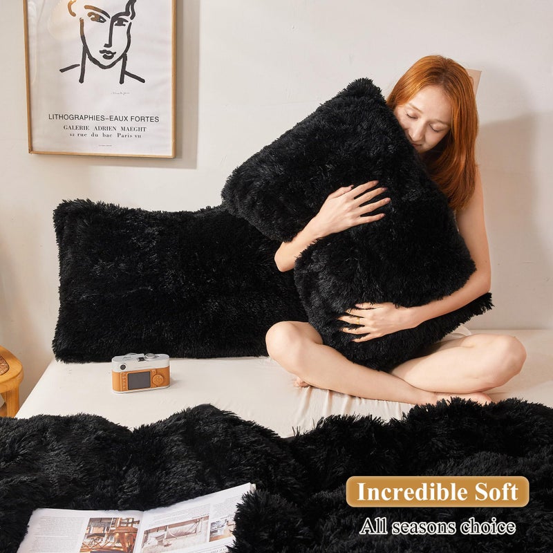 XeGe Faux Fur Throw Pillow Cases Plush Shaggy Ultra Soft Pillow Cover Fluffy Crystal Velvet Decorative Pillowcases Zipper Closure Set of 2 (Standard  Black) - Image 5